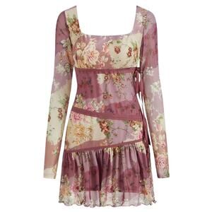 Cider Mesh Square Neck Pink Floral Knotted Mini Dress 8